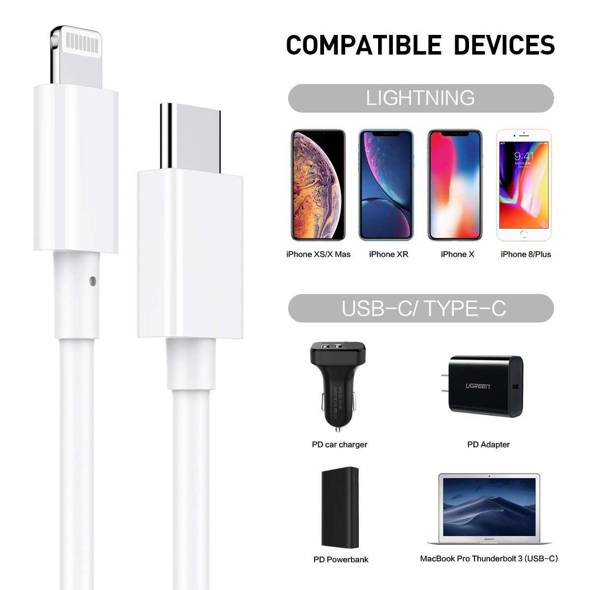 Cable USB C a Lightning de 3 pies con certificación Apple MFi para iPhone